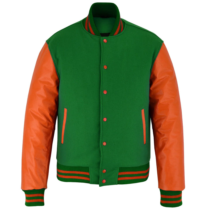 Classic Varsity Letterman Jacket Forest Green Wool with Orange Genuine Leather Sleeves and trims