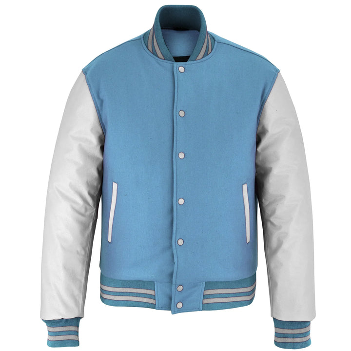 Classic Varsity Letterman Jacket Sky Blue Wool with White Genuine Leather Sleeves and trims