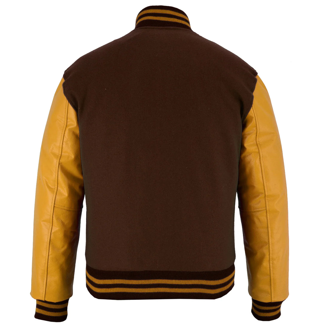 Classic Varsity Letterman Jacket Brown Wool with Gold Genuine Leather Sleeves and trims