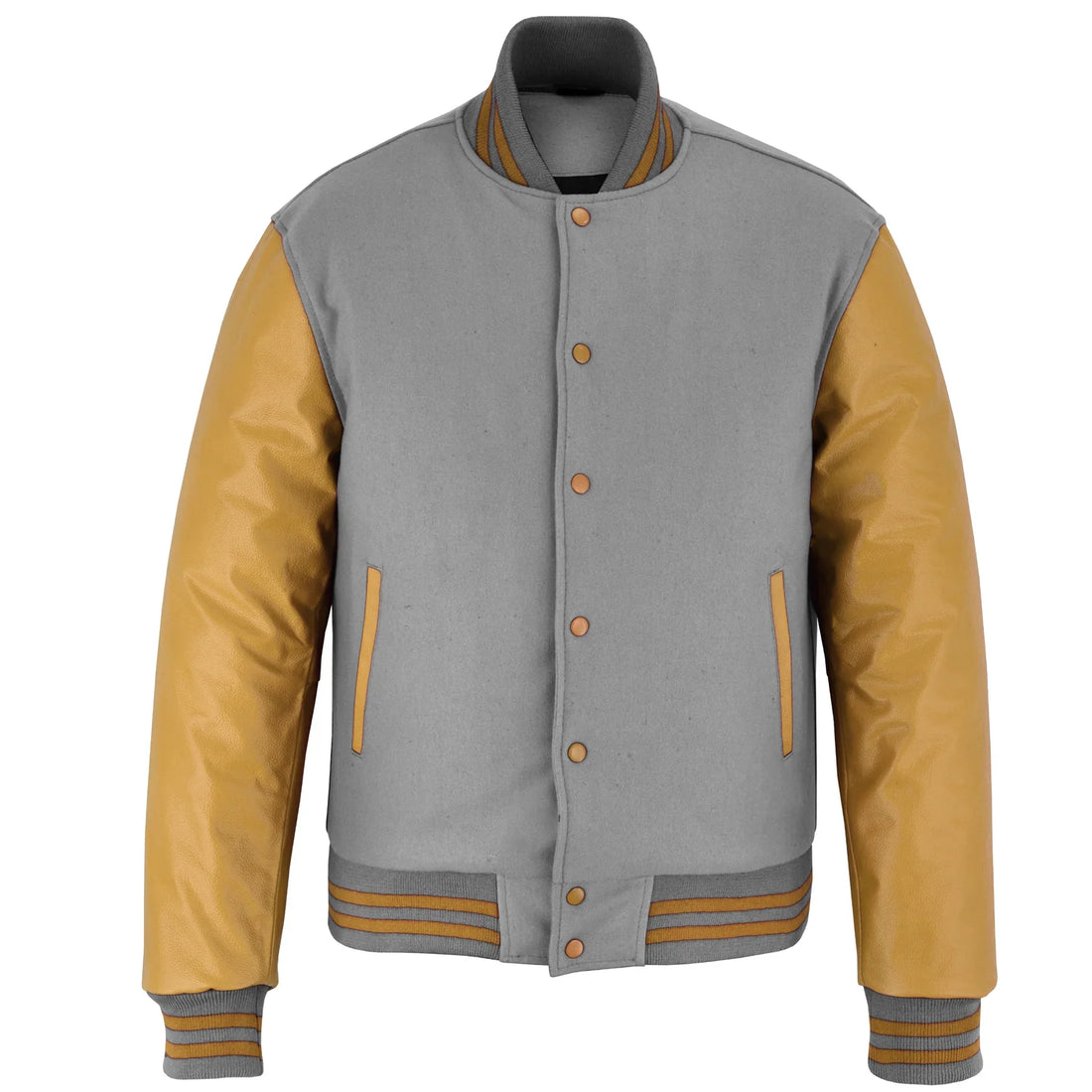 Classic Varsity Letterman Jacket Light Grey Wool with Dark Cream Genuine Leather Sleeves and trims