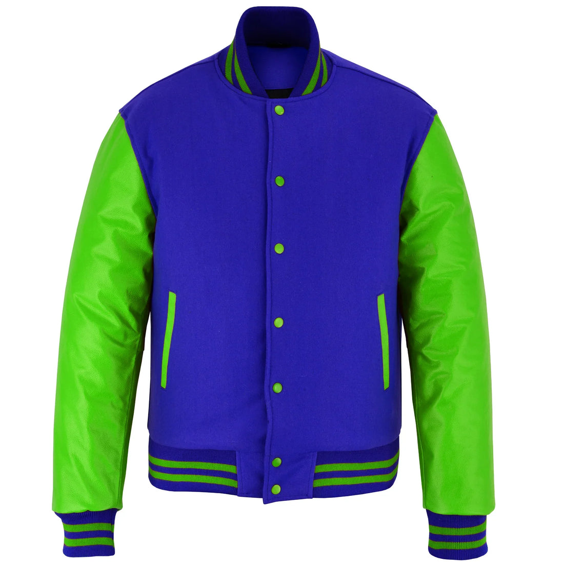 Classic Varsity Letterman Jacket Royal Wool with Green Genuine Leather Sleeves and trims