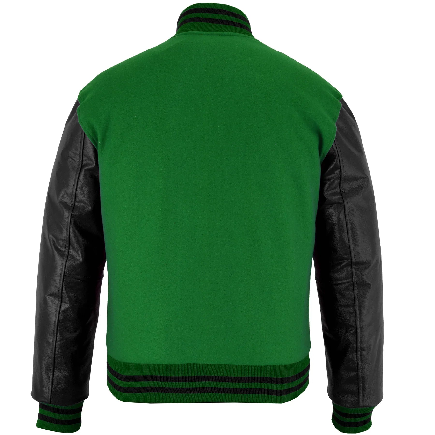 Classic Varsity Letterman Jacket Forest Green Wool with Black Genuine Leather Sleeves and trims