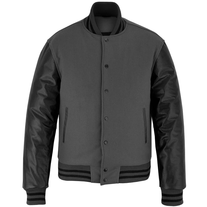 Classic Varsity Letterman Jacket Dark Grey Wool with Black Genuine Leather Sleeves and trims