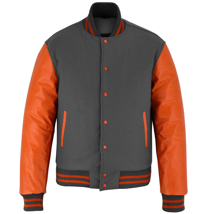 Classic Varsity Letterman Jacket Dark Grey Wool with Orange Genuine Leather Sleeves and trims