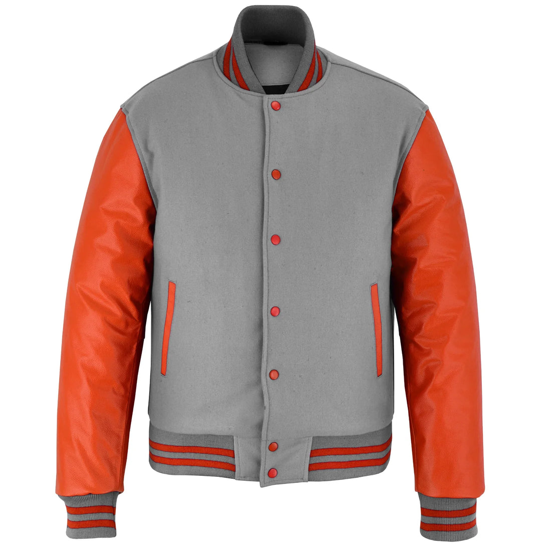 Classic Varsity Letterman Jacket Light Grey Wool with Orange Genuine Leather Sleeves and trims