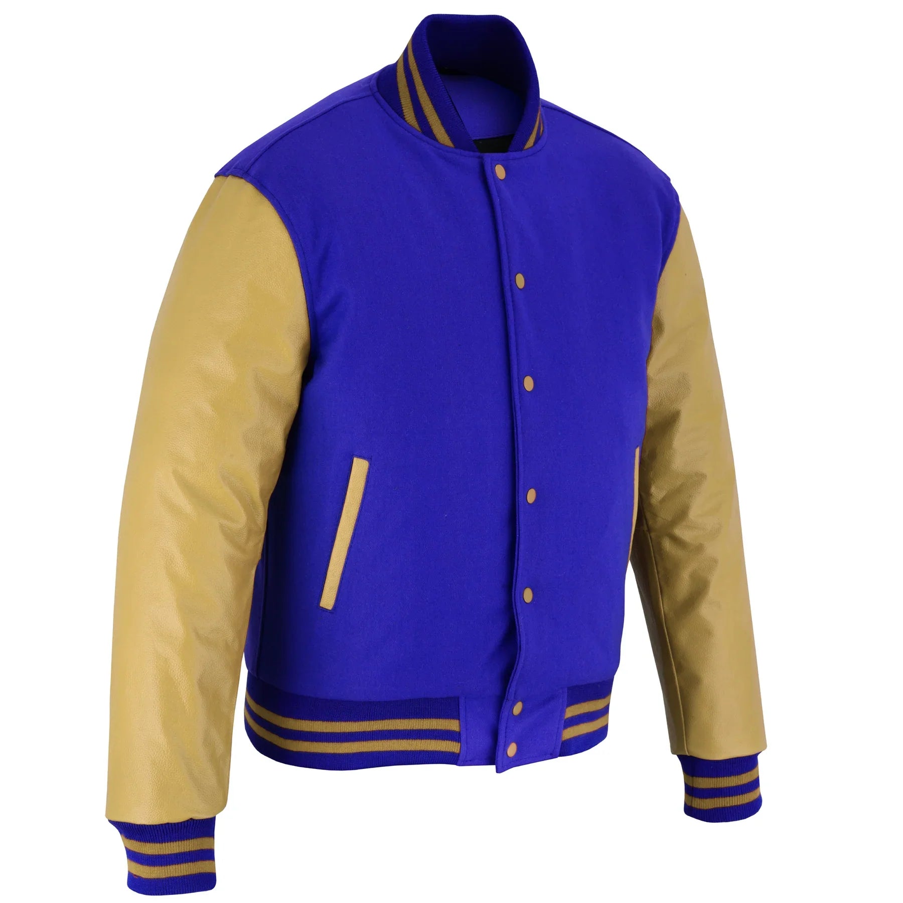 Classic Varsity Letterman Jacket Royal Wool with Beige Genuine Leather Sleeves and trims
