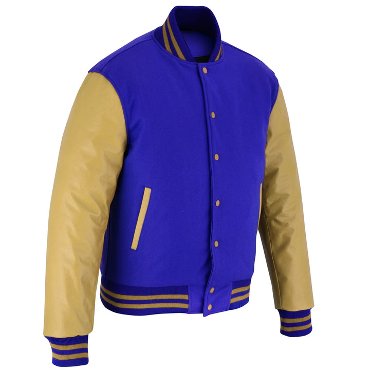 Classic Varsity Letterman Jacket Royal Wool with Beige Genuine Leather Sleeves and trims