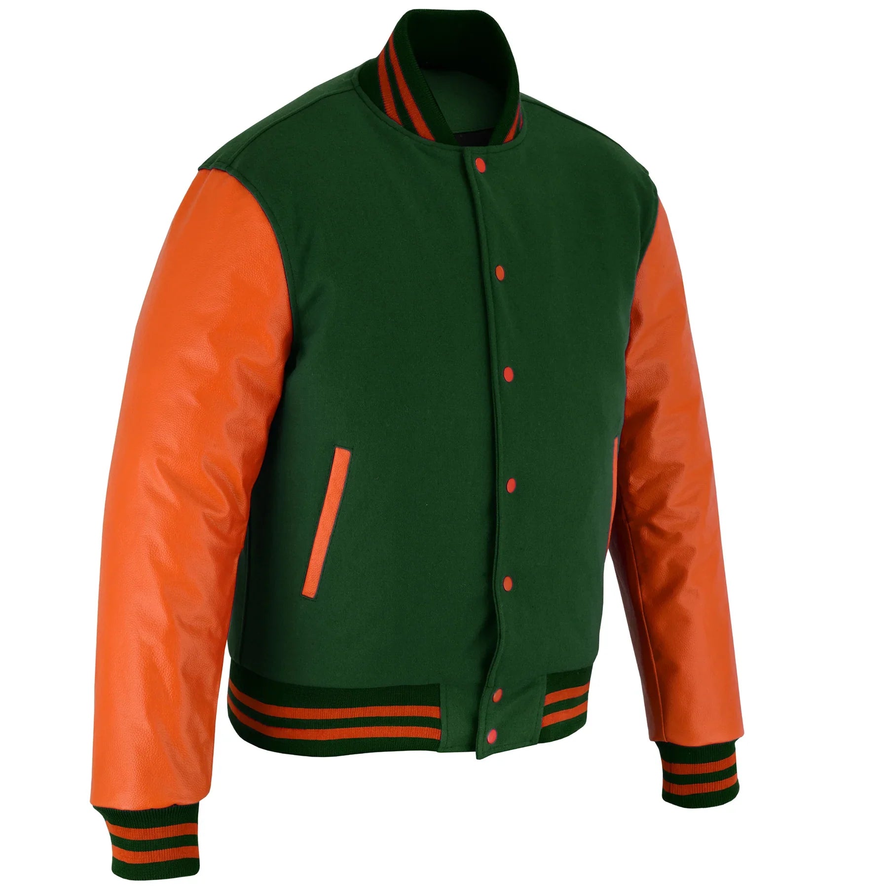 Classic Varsity Letterman Jacket Forest Green Wool with Orange Genuine Leather Sleeves and trims