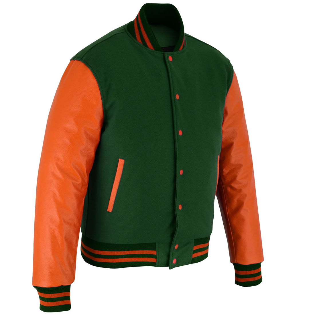 Classic Varsity Letterman Jacket Forest Green Wool with Orange Genuine Leather Sleeves and trims
