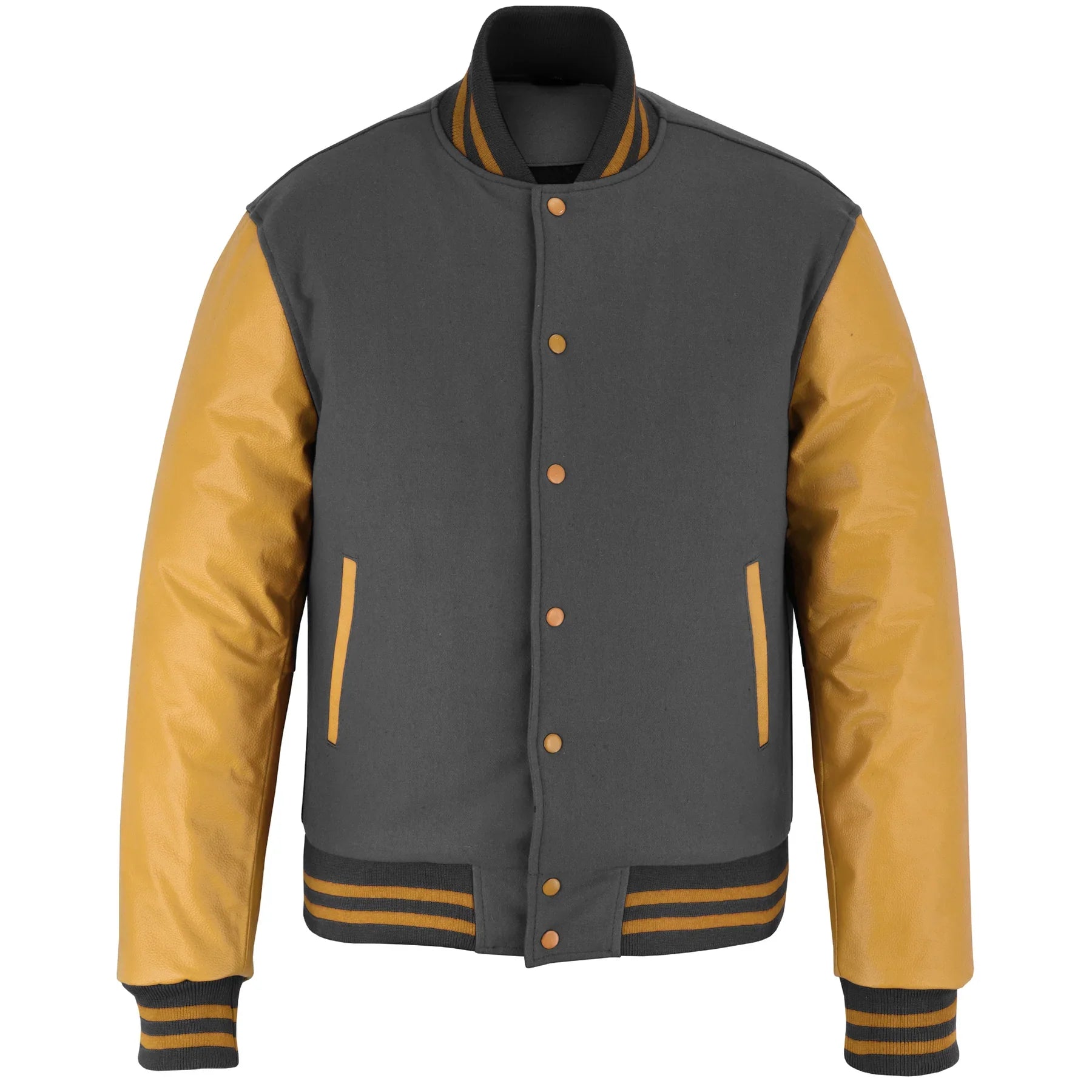 Classic Varsity Letterman Jacket Dark Grey Wool with Gold Genuine Leather Sleeves and trims