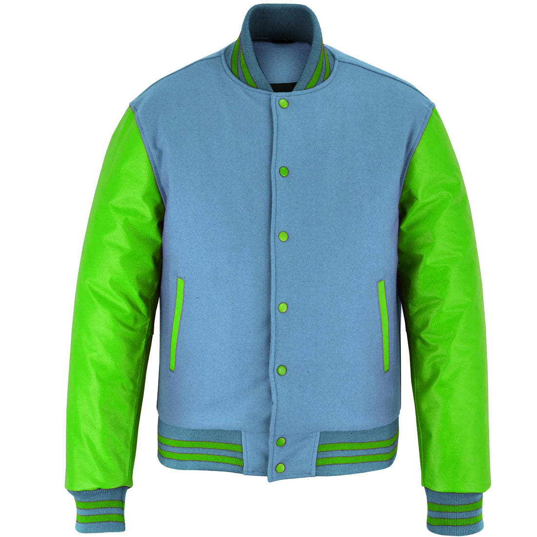 Classic Varsity Letterman Jacket Sky Blue Wool with Green Genuine Leather Sleeves and trims