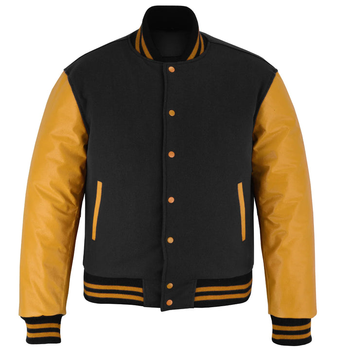 Classic Varsity Letterman Jacket Black Wool with Gold Genuine Leather Sleeves and trims