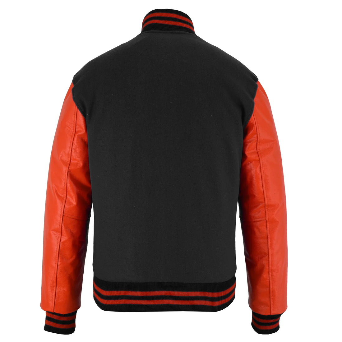 Classic Varsity Letterman Jacket Black Wool with Orange Genuine Leather Sleeves and trims