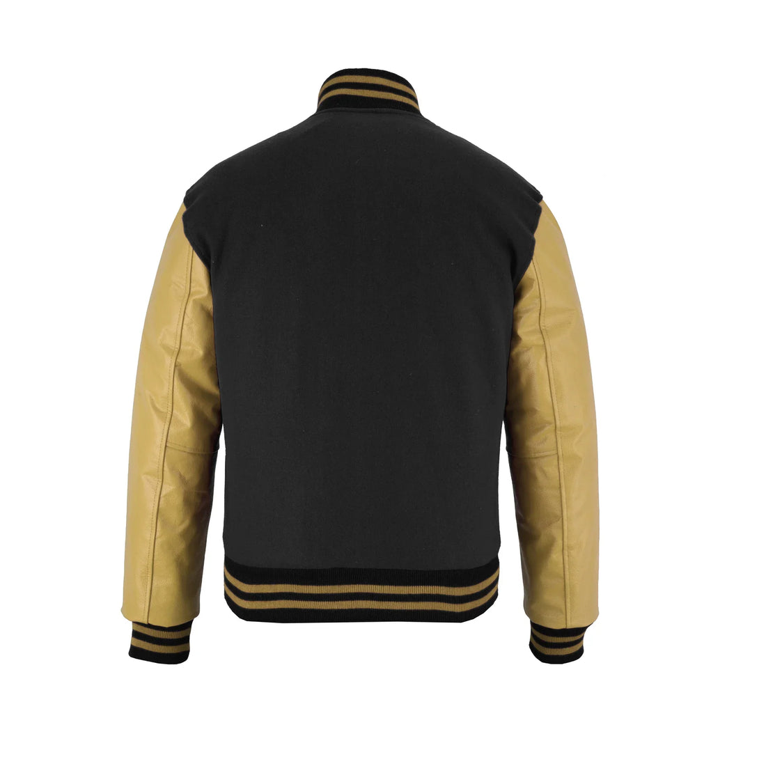 Classic Varsity Letterman Jacket Black Wool with Beige Genuine Leather Sleeves and trims
