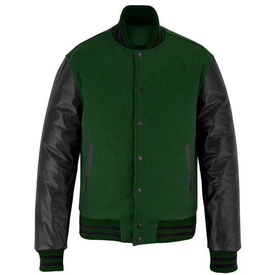 Classic Varsity Letterman Jacket Forest Green Wool with Black Genuine Leather Sleeves and trims