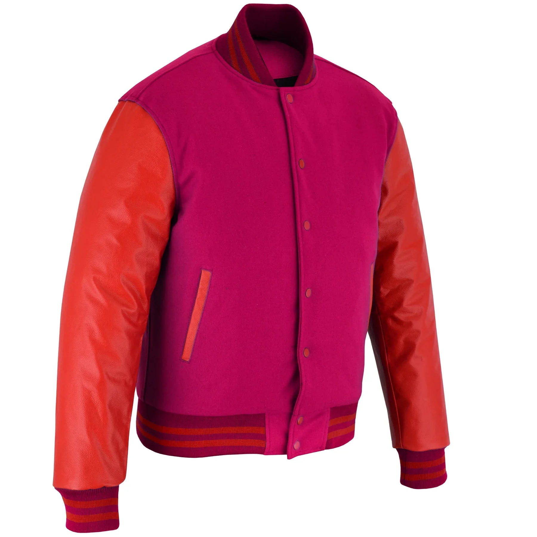 Classic Varsity Letterman Jacket Pink Wool with Orange Genuine Leather Sleeves and trims