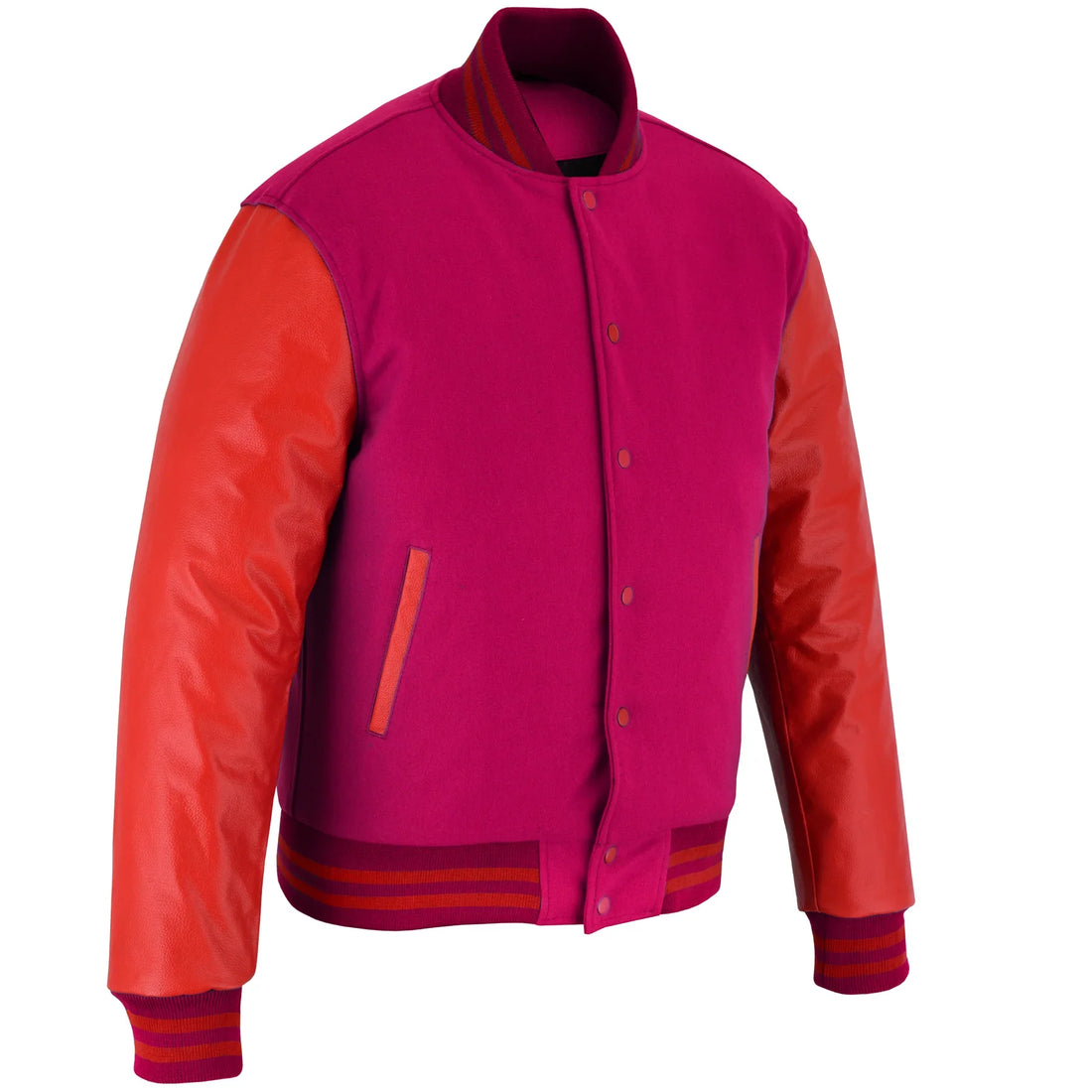 Classic Varsity Letterman Jacket Pink Wool with Orange Genuine Leather Sleeves and trims