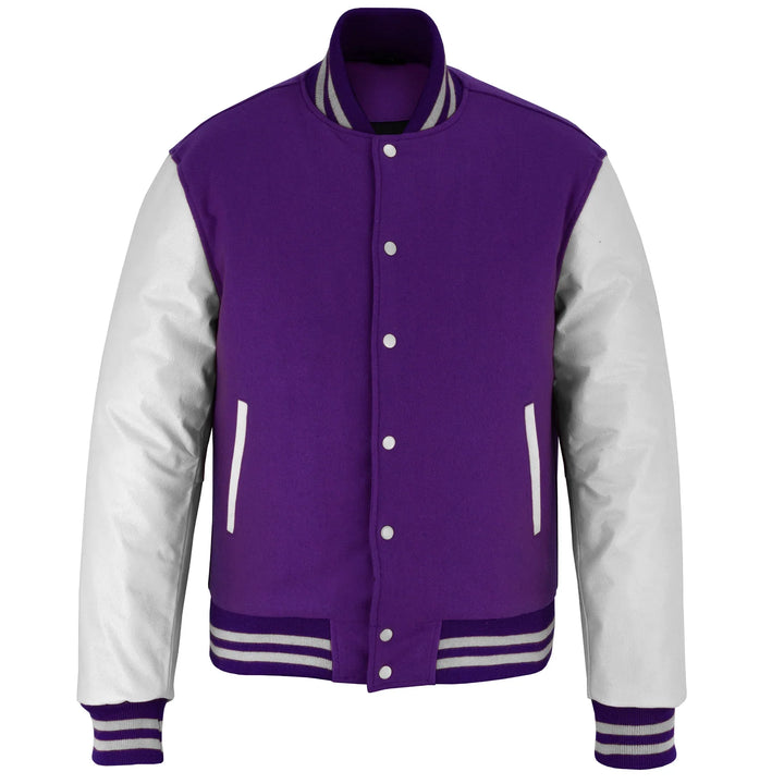 Classic Varsity Letterman Jacket Purple Wool with White Genuine Leather Sleeves and trims