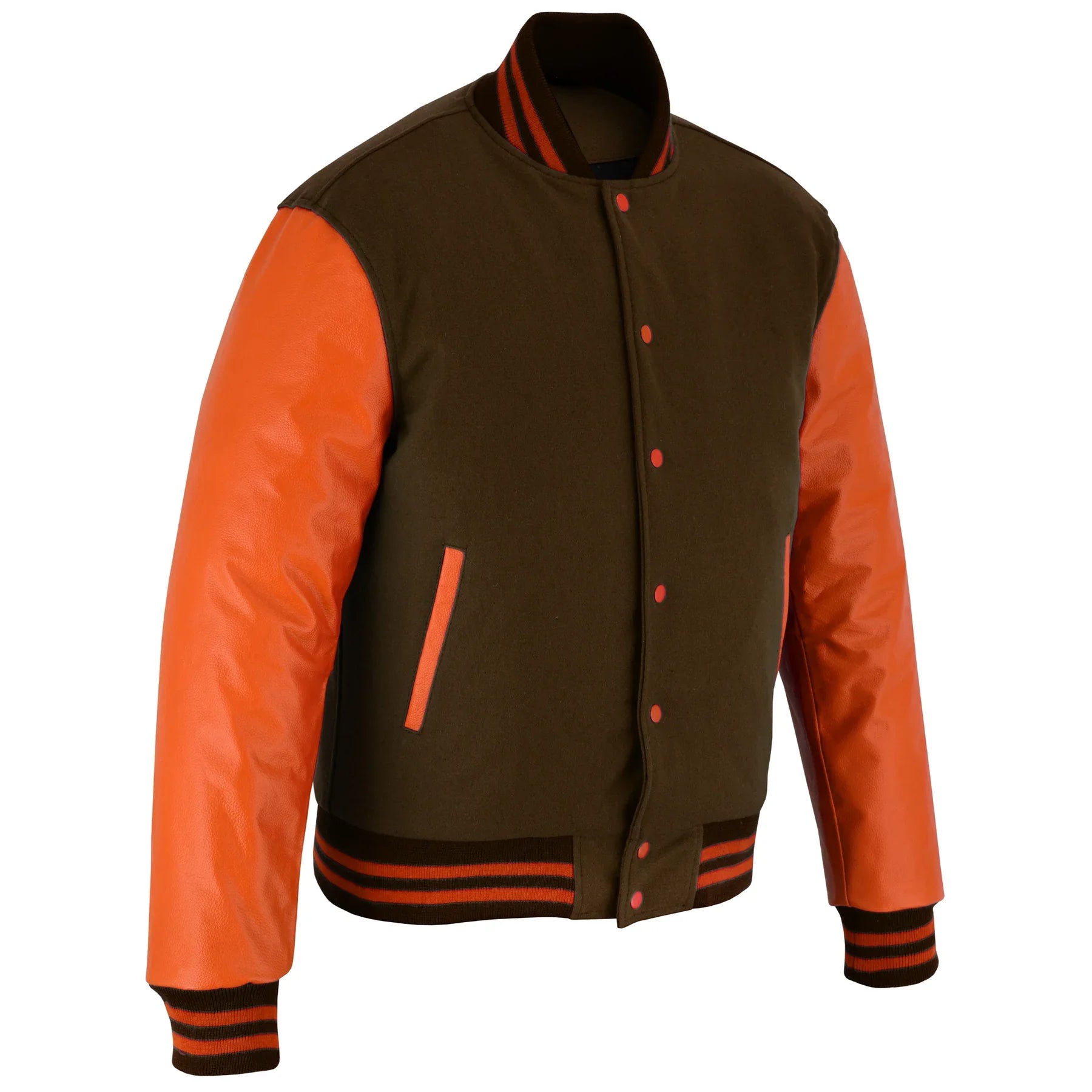 Classic Varsity Letterman Jacket Brown Wool with Orange Genuine Leather Sleeves and trims