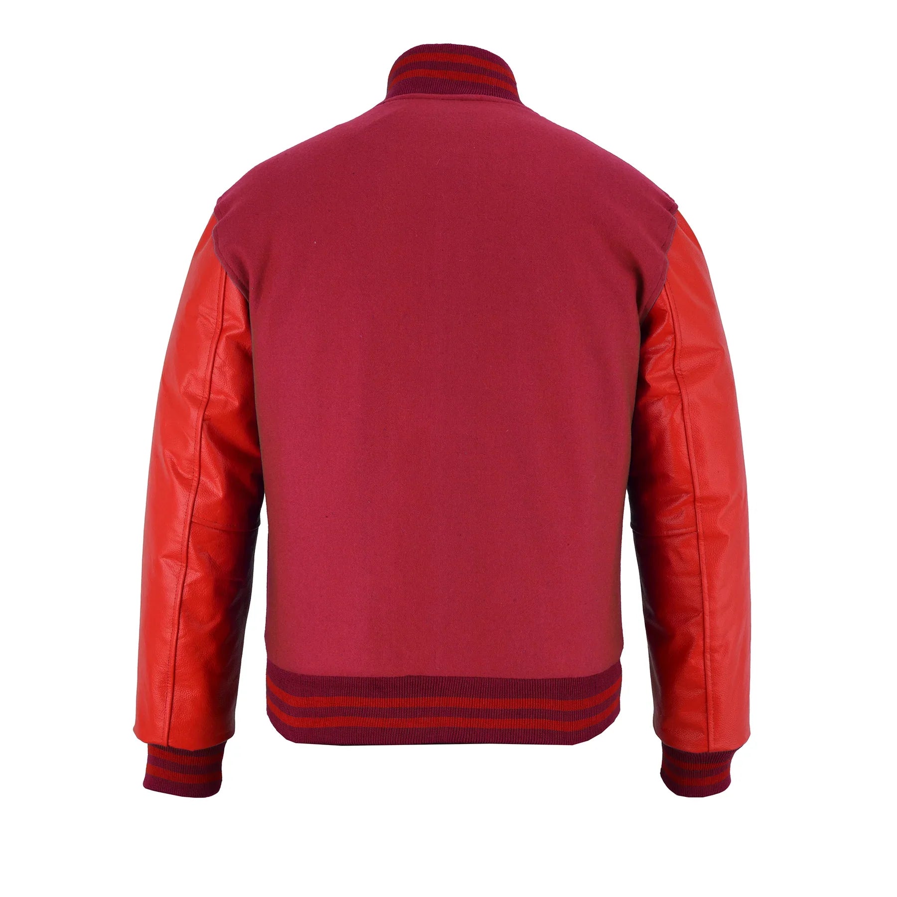 Classic Varsity Letterman Jacket Maroon Wool with Red Genuine Leather Sleeves and trims