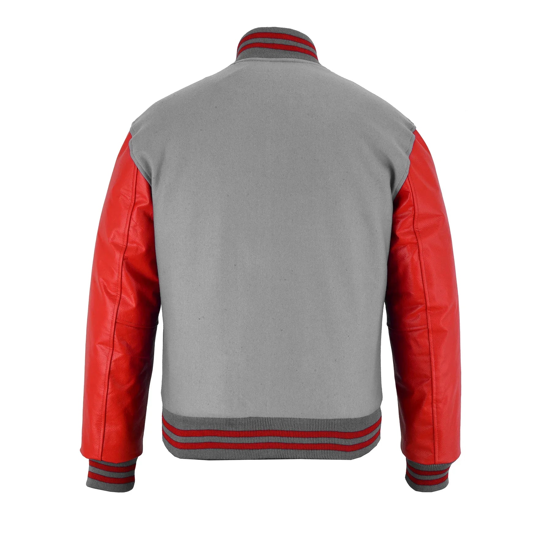 Classic Varsity Letterman Jacket Light Gray Wool with Red Genuine Leather Sleeves and trims