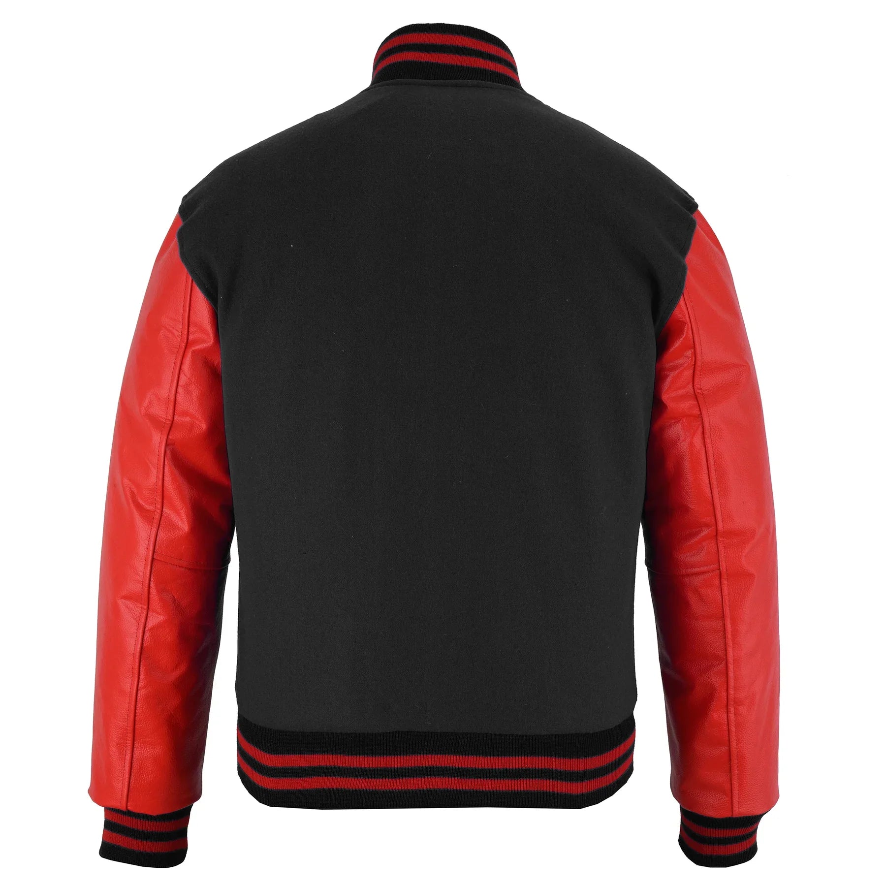 Classic Varsity Letterman Jacket Black Wool with Red Genuine Leather Sleeves and trims