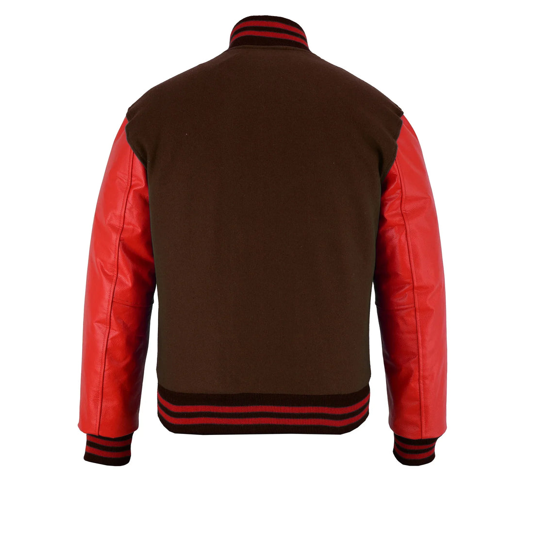 Classic Varsity Letterman Jacket Brown Wool with Red Genuine Leather Sleeves and trims