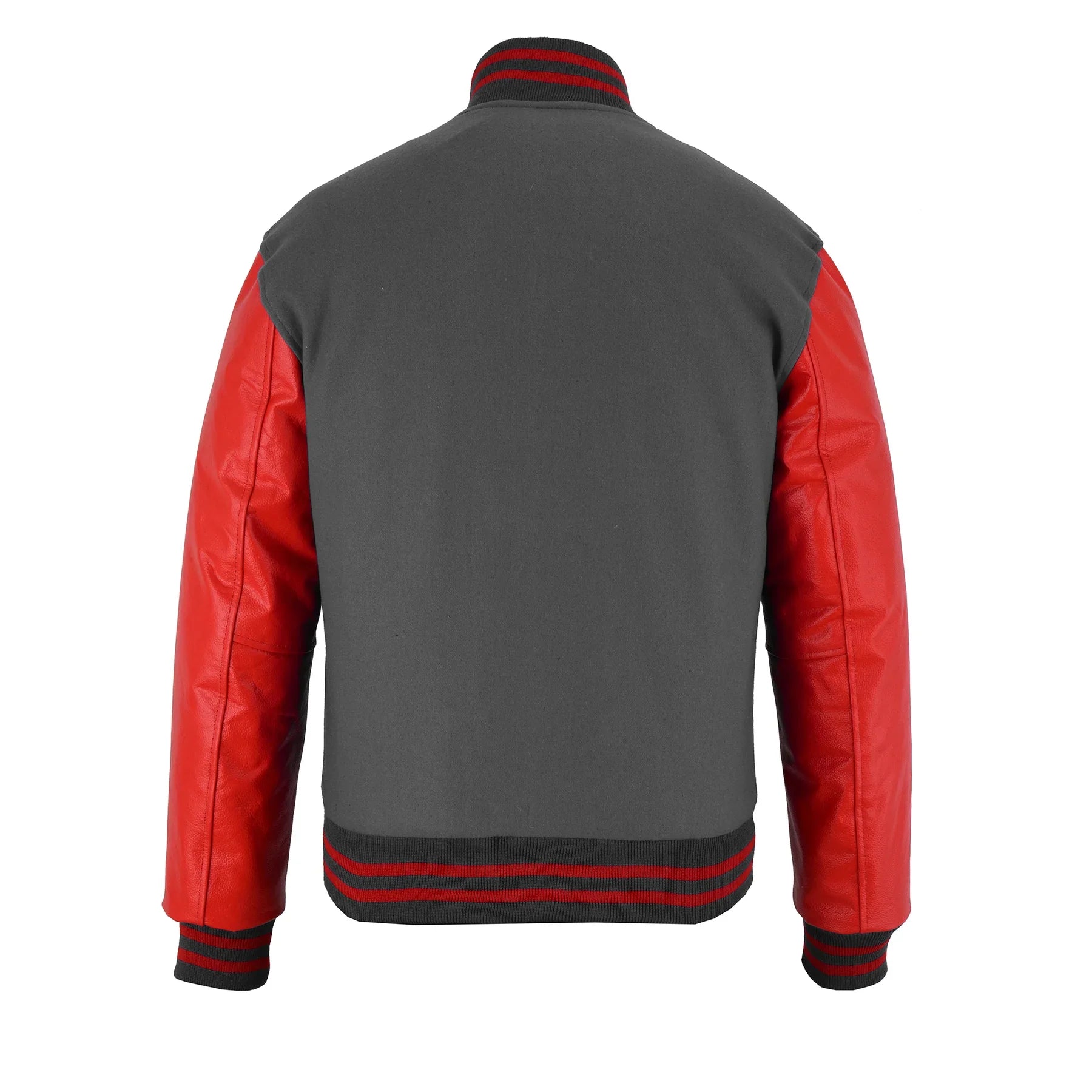 Classic Varsity Letterman Jacket Gray Wool with Red Genuine Leather Sleeves and trims