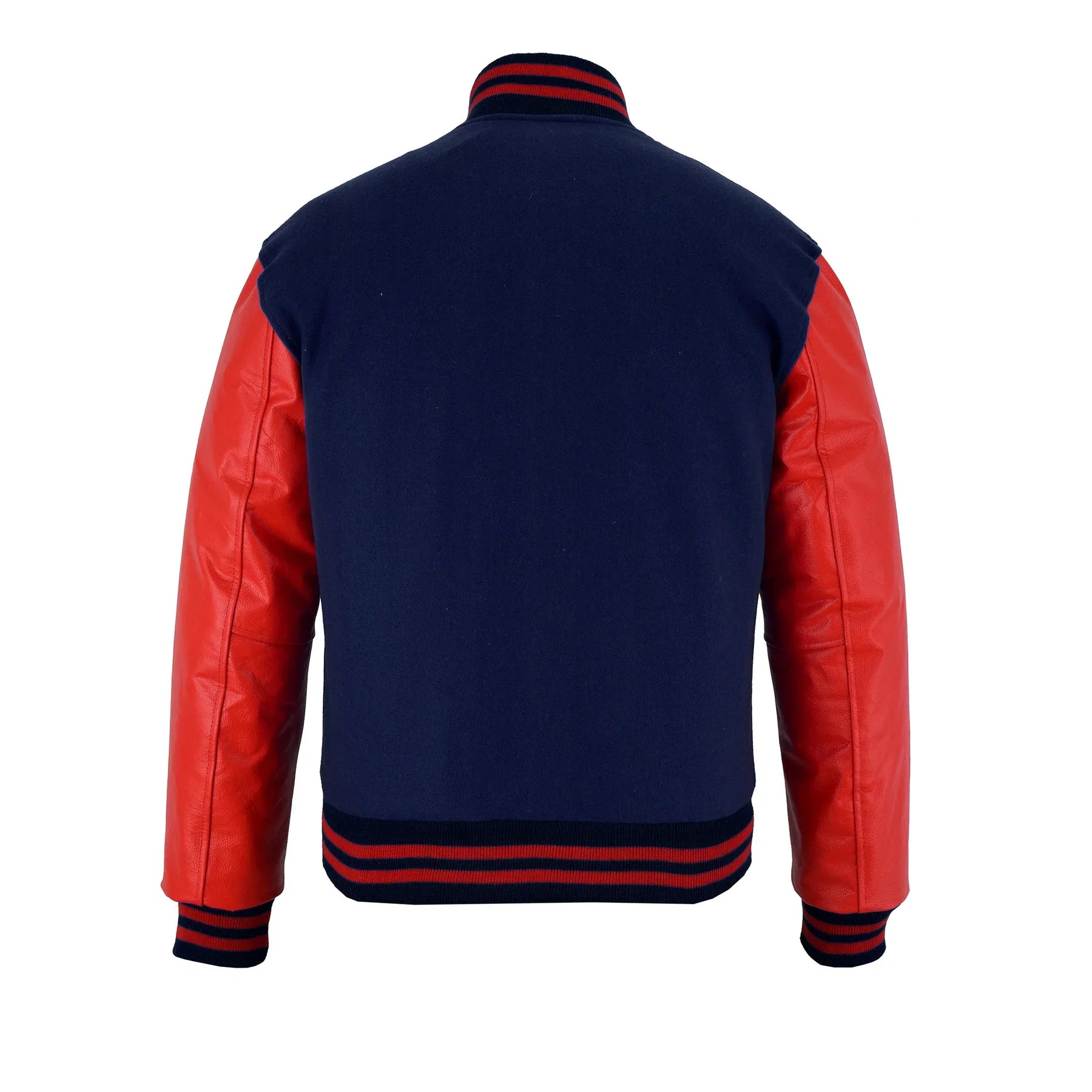 Classic Varsity Letterman Jacket Navy Blue Wool with Red Genuine Leather Sleeves and trims