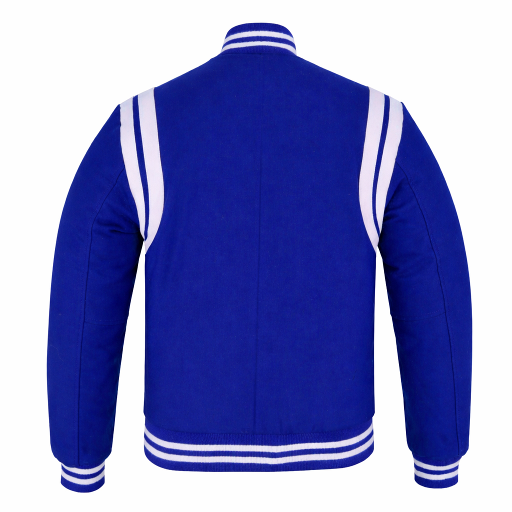 Classic Varisty Letterman Baseball College Jacket Royal Blue Wool with White Double Leather Strip
