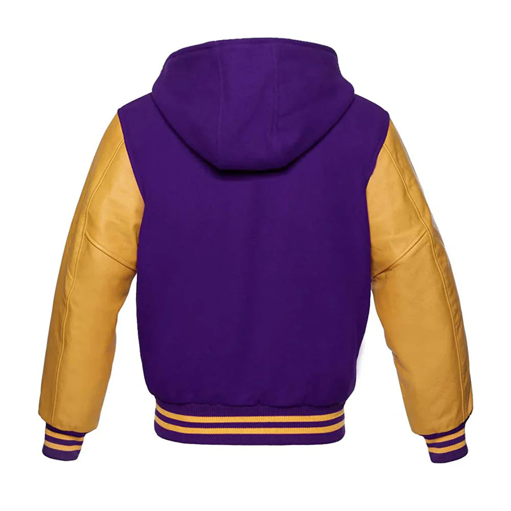Men’s Classic Varsity Jacket with Hood – Wool Body, Leather Sleeves