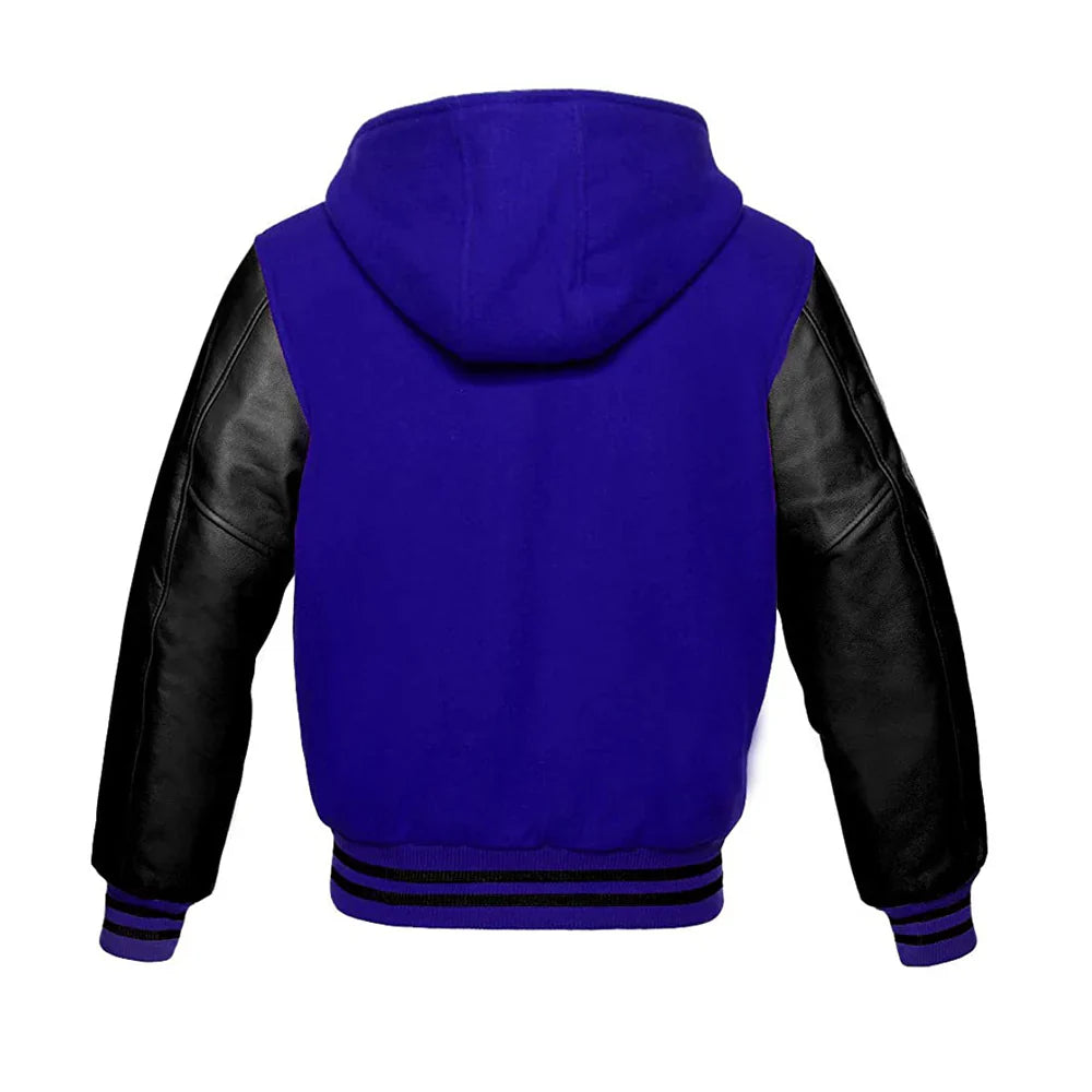 Men’s Classic Varsity Jacket with Hood – Wool Body, Leather Sleeves