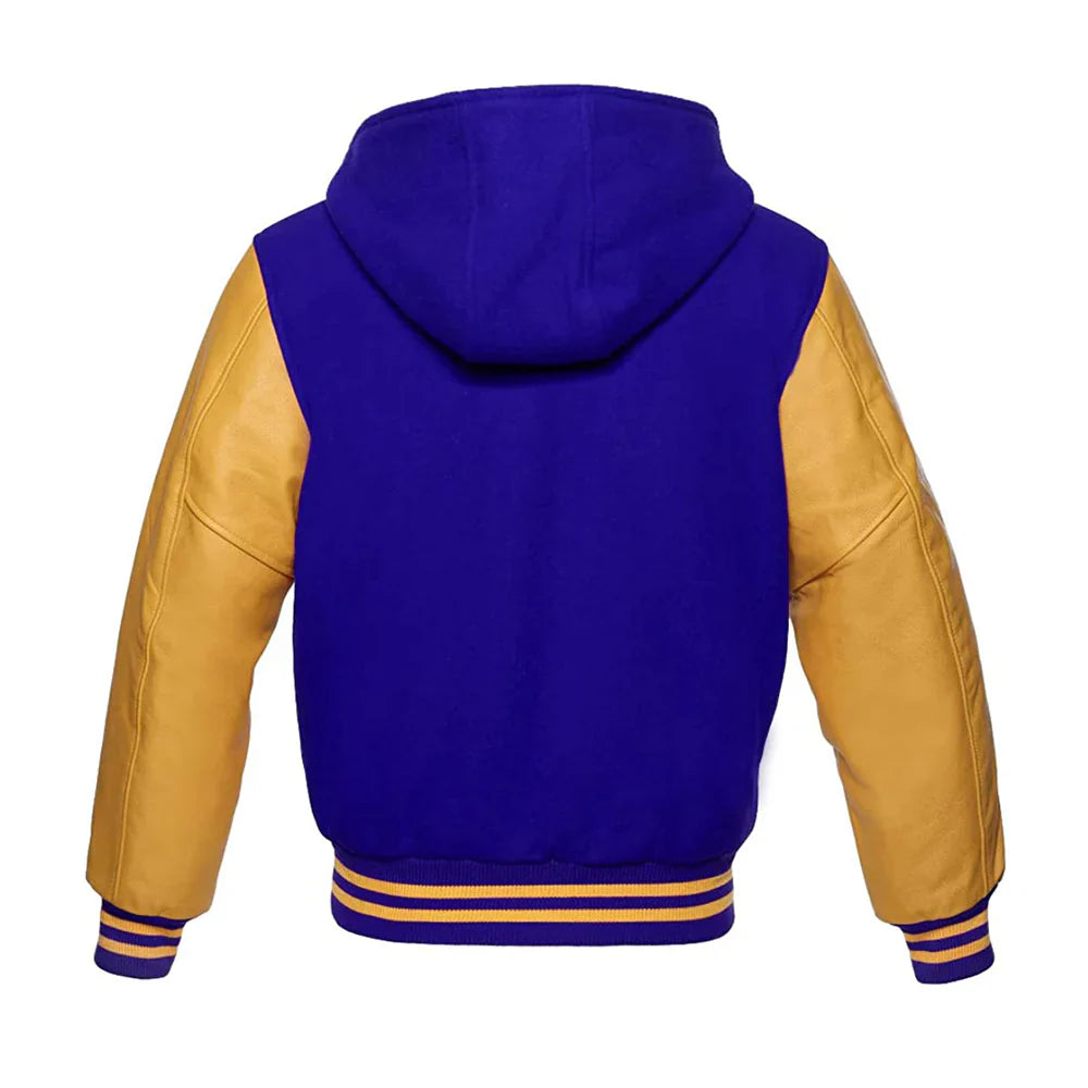 Men’s Classic Varsity Jacket with Hood – Wool Body, Leather Sleeves