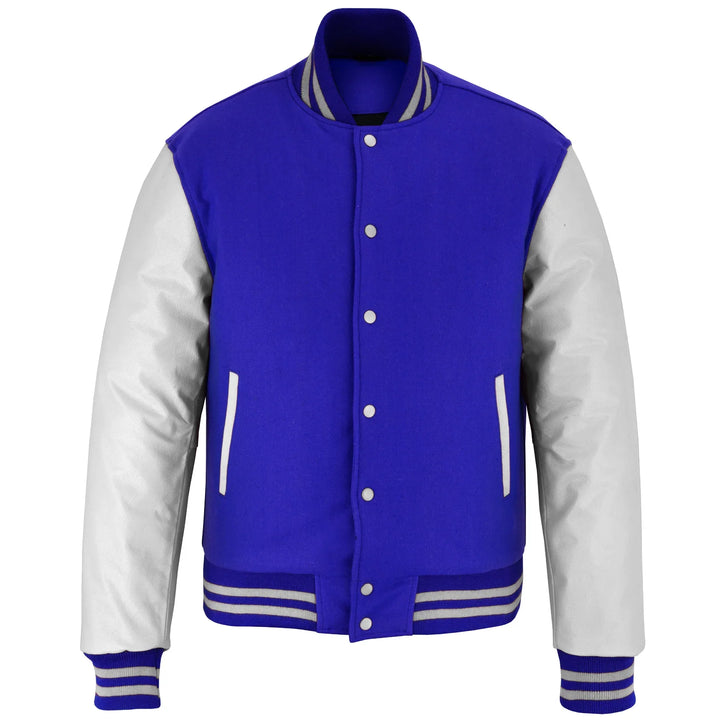 Classic Varsity Letterman Jacket Royal Wool with White Genuine Leather Sleeves and trims