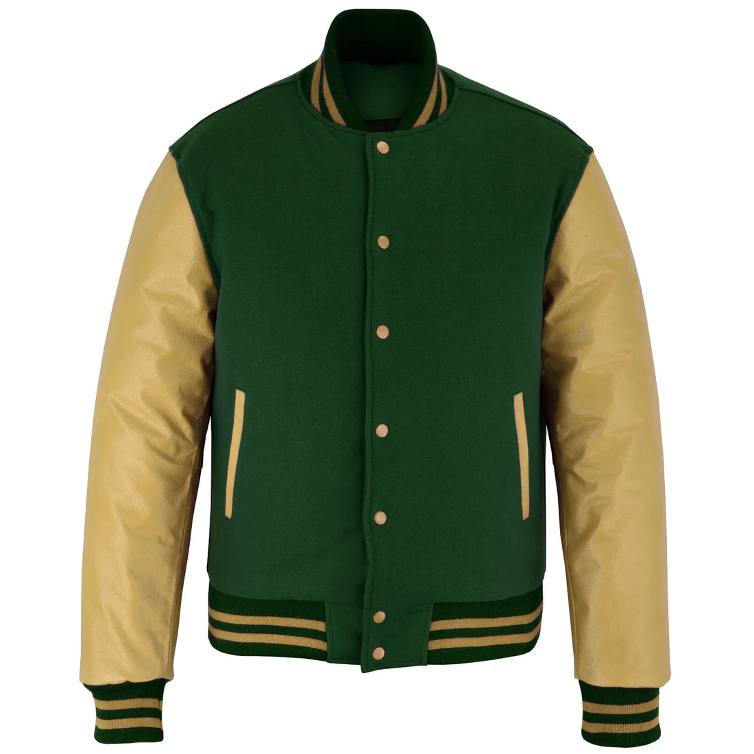 Classic Varsity Letterman Jacket Forest Green Wool with cream Genuine Leather Sleeves and trims