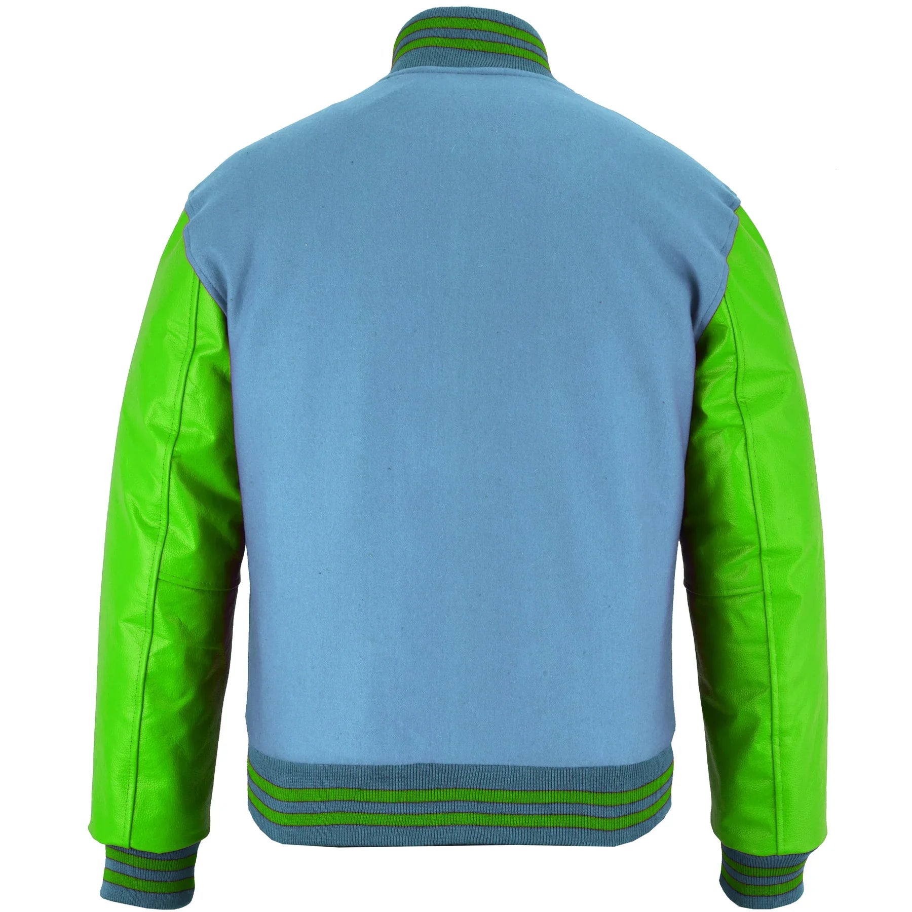 Classic Varsity Letterman Jacket Sky Blue Wool with Green Genuine Leather Sleeves and trims