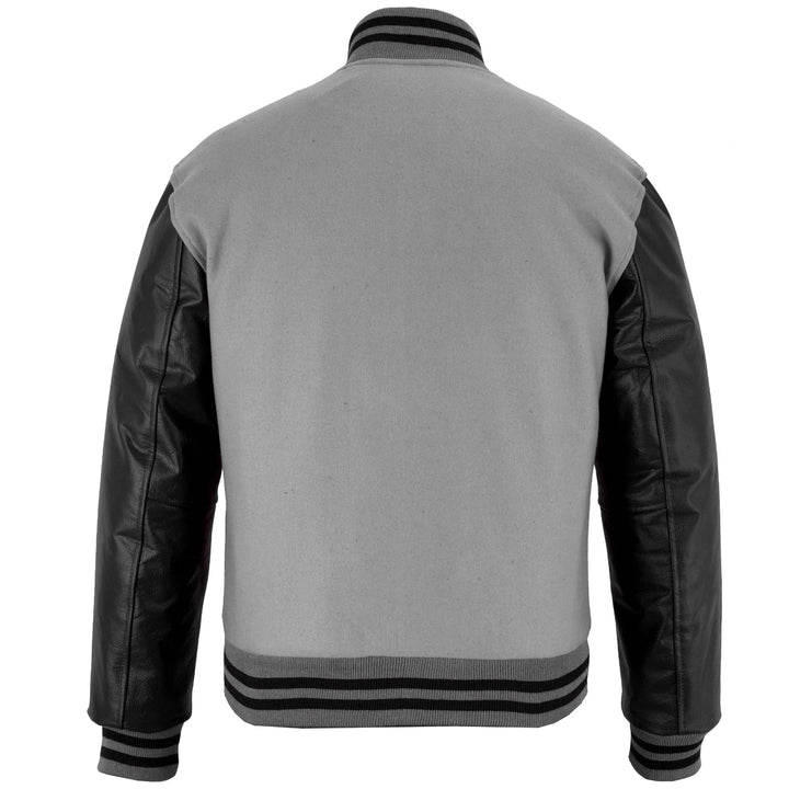 Classic Varsity Letterman Jacket Light Grey Wool with Black Genuine Leather Sleeves and trims