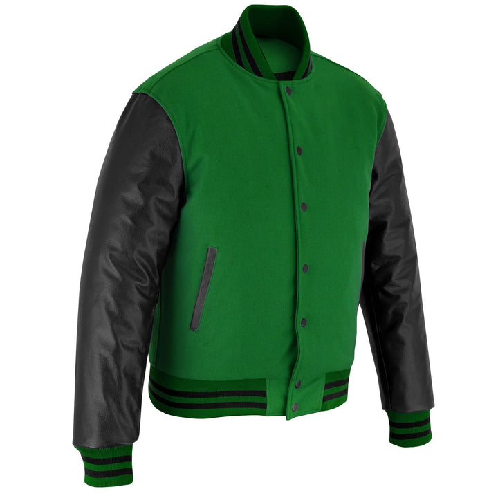 Classic Varsity Letterman Jacket Forest Green Wool with Black Genuine Leather Sleeves and trims