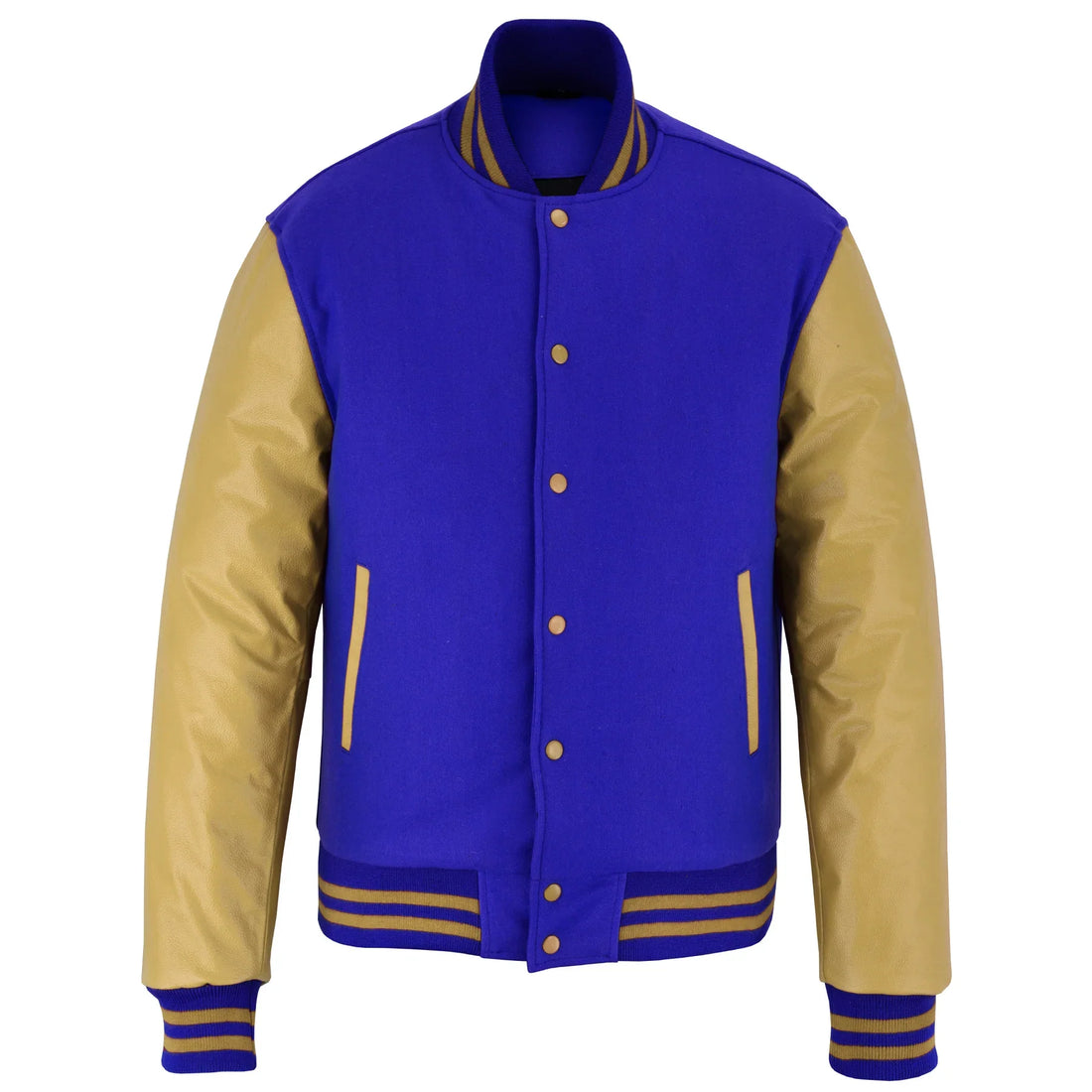 Classic Varsity Letterman Jacket Royal Wool with Beige Genuine Leather Sleeves and trims