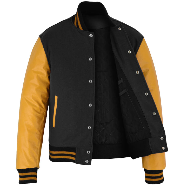 Classic Varsity Letterman Jacket Black Wool with Gold Genuine Leather Sleeves and trims