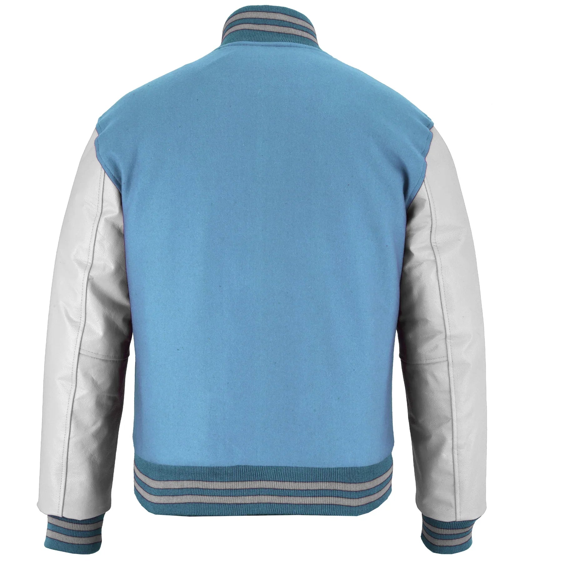 Classic Varsity Letterman Jacket Sky Blue Wool with White Genuine Leather Sleeves and trims