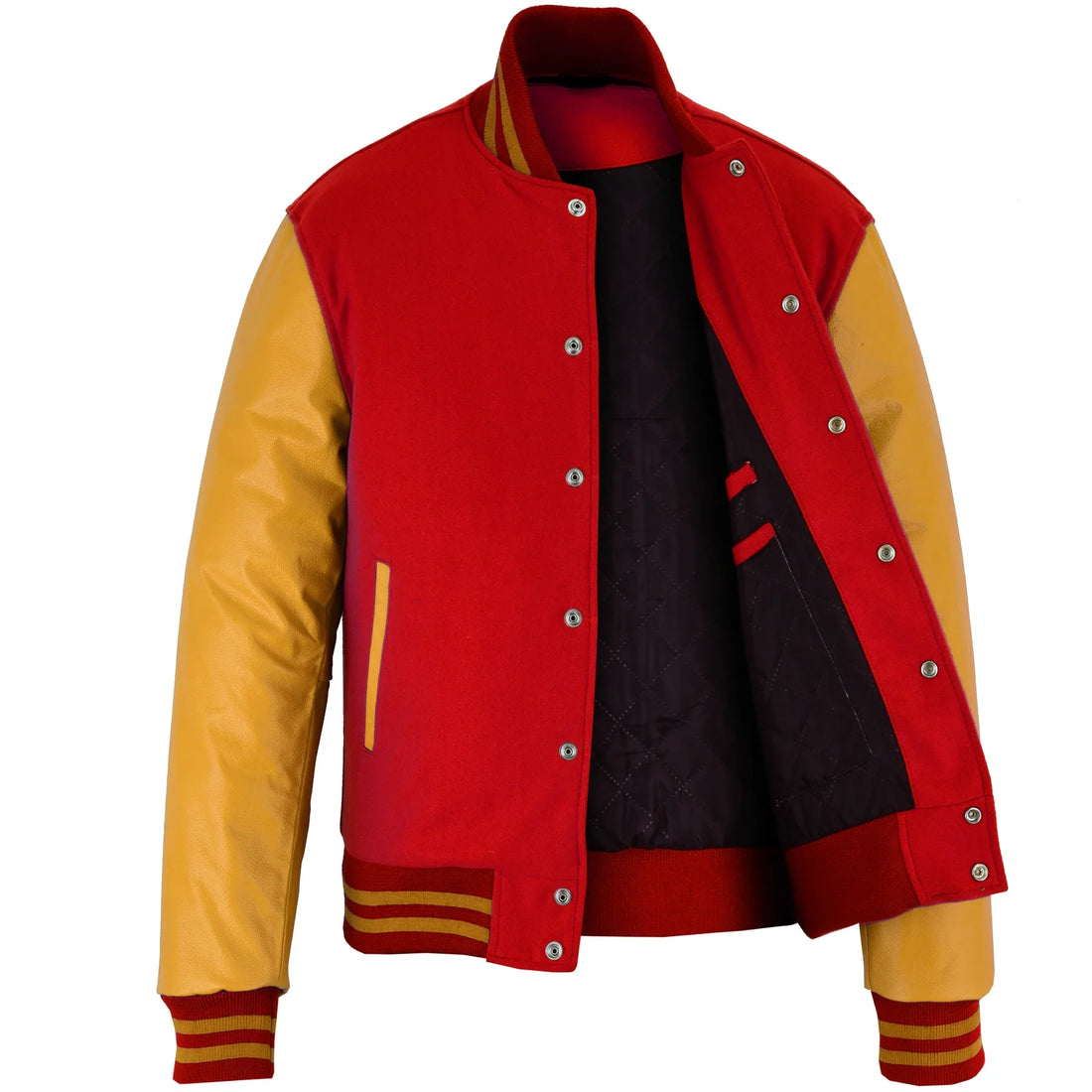 Classic Varsity Letterman Jacket Red Wool with Gold Genuine Leather Sleeves and trims