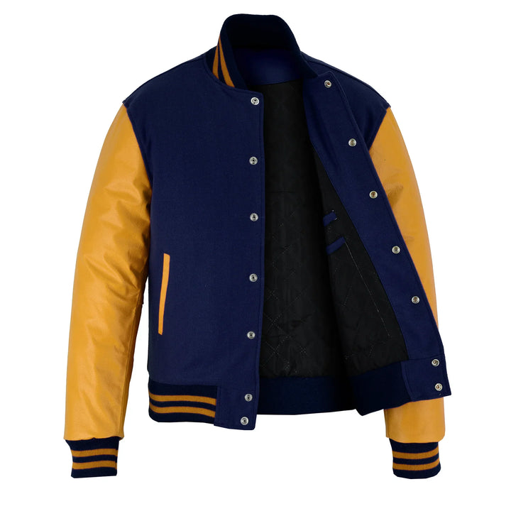 Classic Varsity Letterman Jacket Navy Blue Wool with Gold Genuine Leather Sleeves and trims