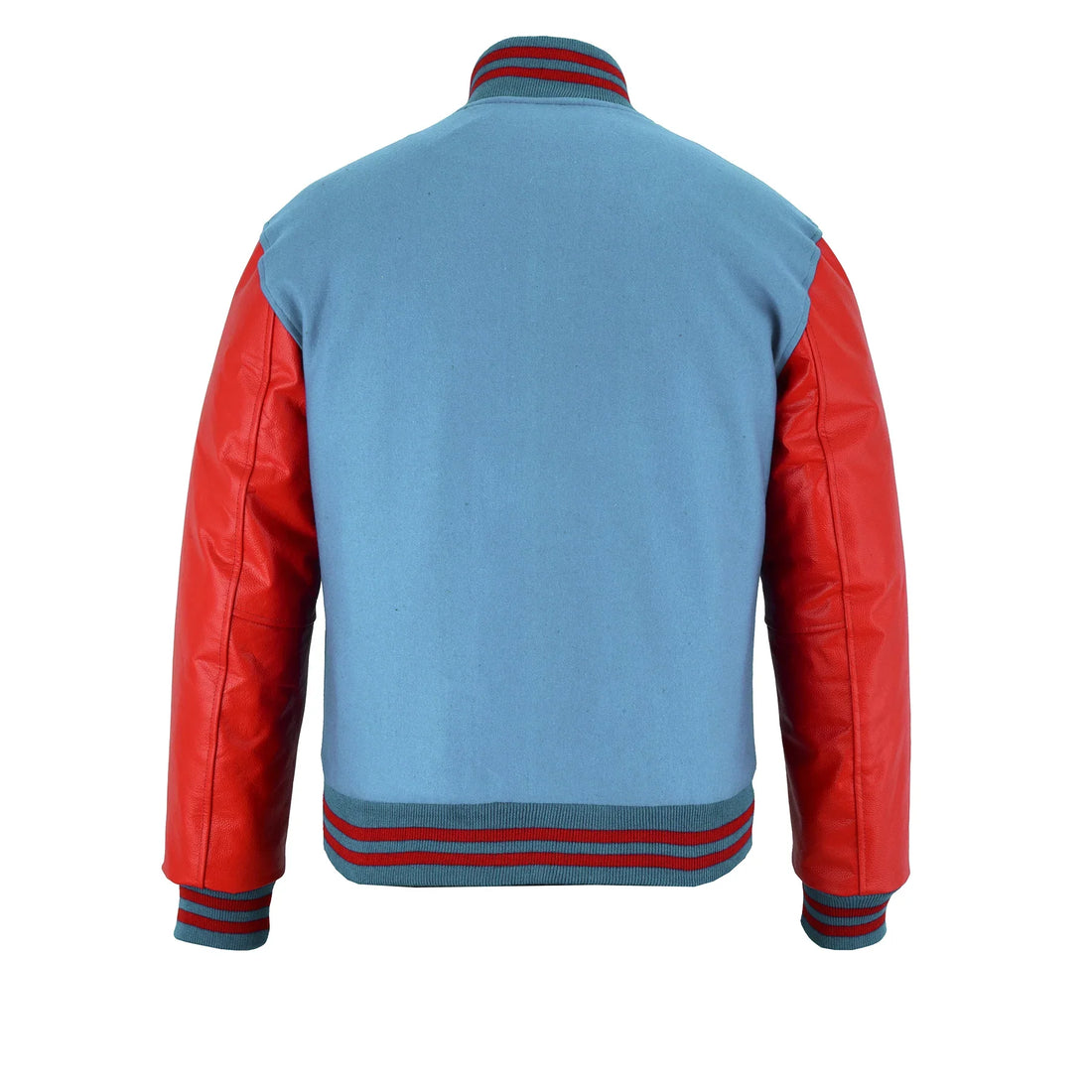 Classic Varsity Letterman Jacket Sky Blue Wool with Red Genuine Leather Sleeves and trims