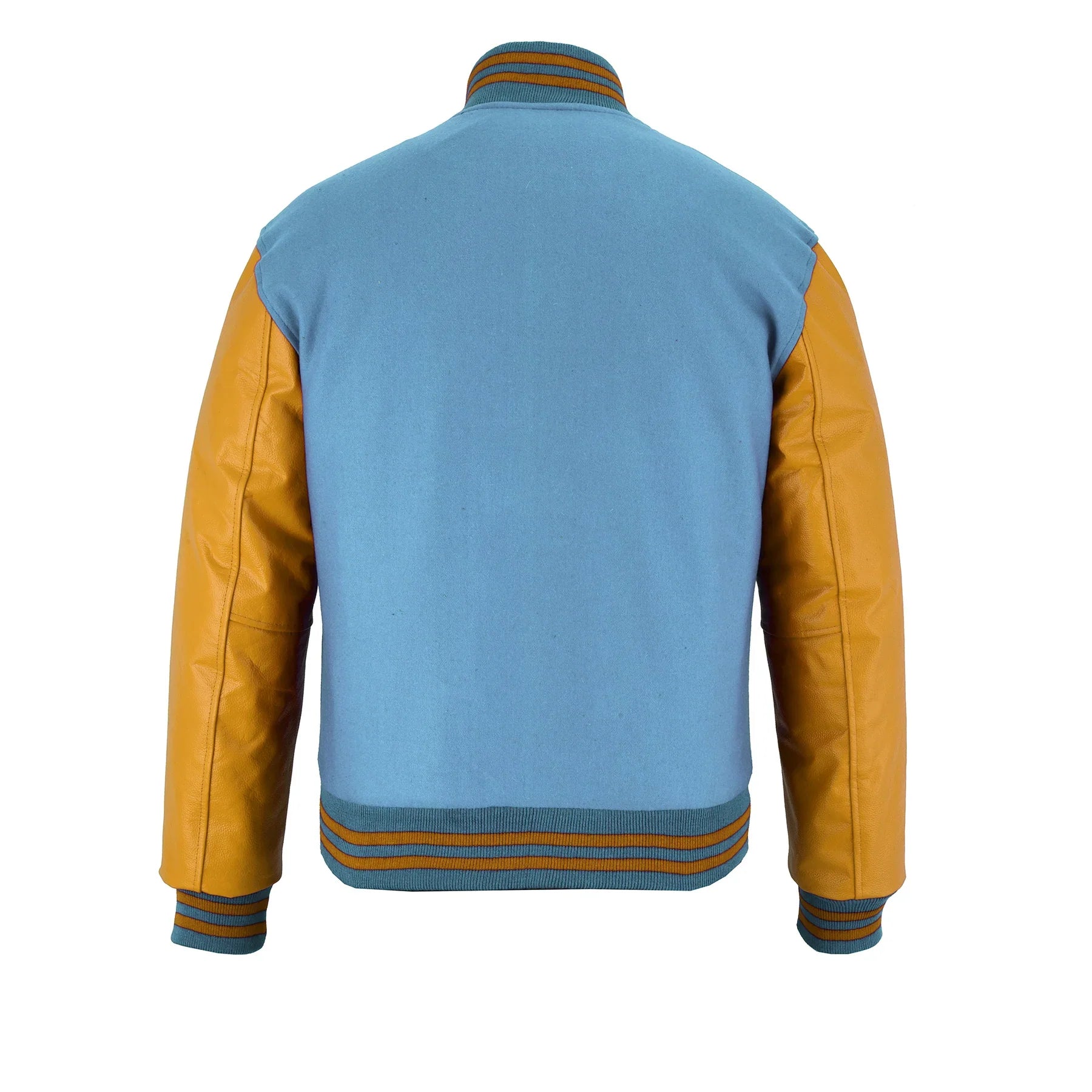 Classic Varsity Letterman Jacket Sky Blue Wool with Gold Genuine Leather Sleeves and trims