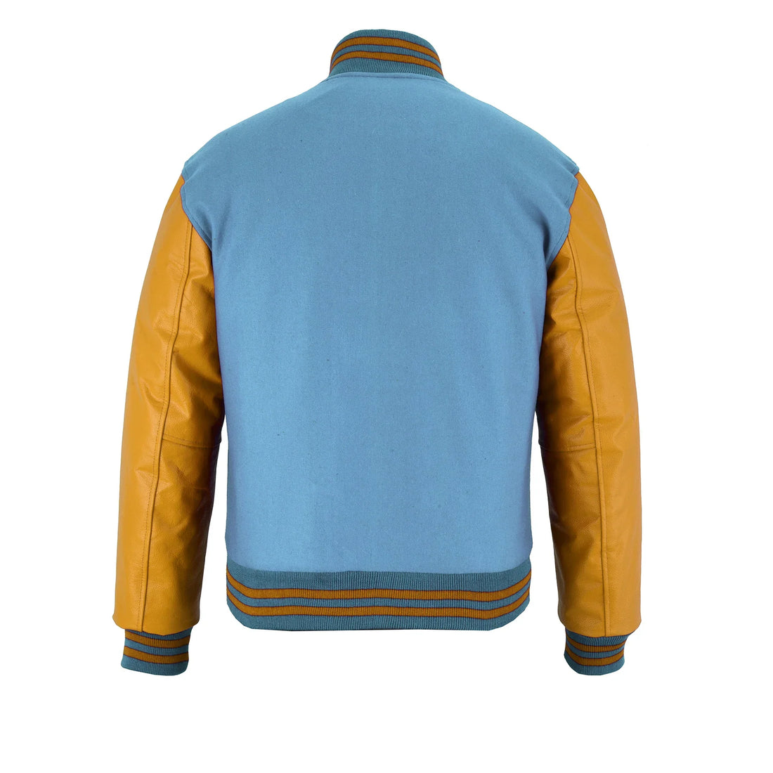 Classic Varsity Letterman Jacket Sky Blue Wool with Gold Genuine Leather Sleeves and trims