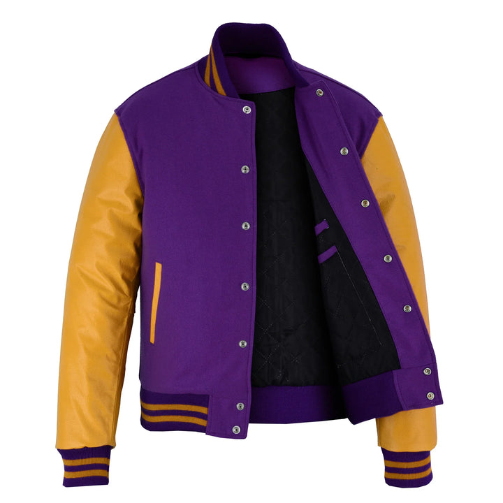 Classic Varsity Letterman Jacket Purple Wool with Gold Genuine Leather Sleeves and trims
