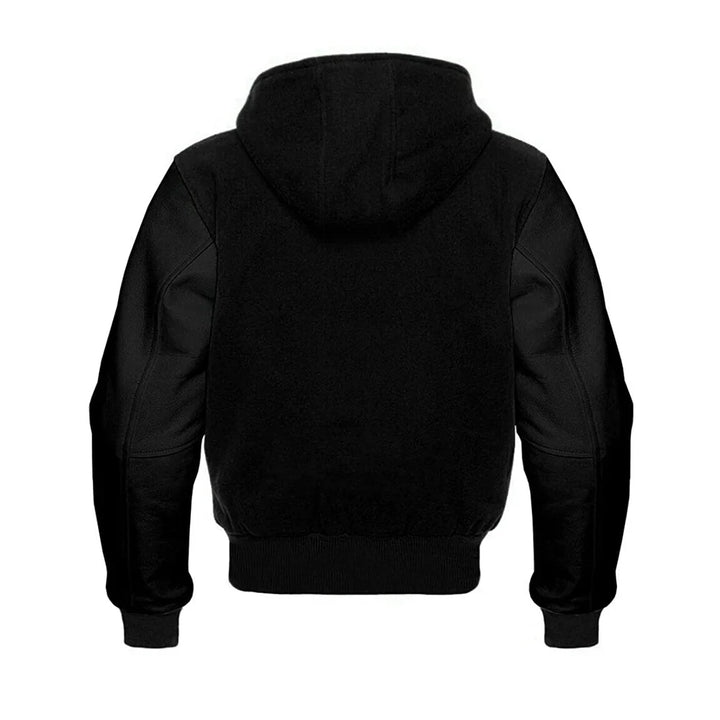Men’s Classic Varsity Jacket with Hood – Wool Body, Leather Sleeves