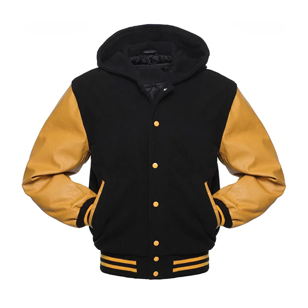 Men’s Classic Varsity Jacket with Hood – Wool Body, Leather Sleeves