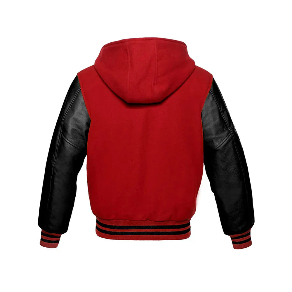 Men’s Classic Varsity Jacket with Hood – Wool Body, Leather Sleeves
